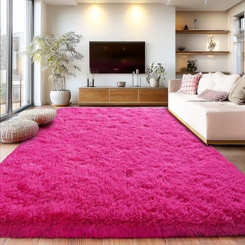Großer flauschiger Teppich, 2,3 x 3 m, Hot Pink, flauschiger Teppich für Wohnzimmer, großer Plüsch, rutschfest, Zottelteppich, weiche zottelige Teppiche für Schlafzimmer, Innenbereich, moderne
