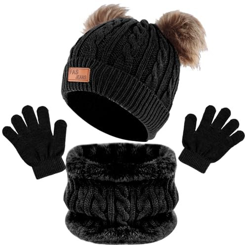 volumoon 3 Stück Mütze Schal Handschuhe Set Kinder,Beanie Hut Handschuhe Runder Schal Set mit Fleece Gefüttert, Warme Winter Strickset Mütze Schal und Handschuhe für Jungen,Mädchen 1-6 Jahre (Schwarz)