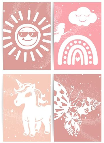 Papierkindᵀᴹ 4er Poster Set - Boho Mädchen Regenbogen Einhorn Sonne Fee Wolke | Boho Wanddeko fürs Kinderzimmer | Minimalistische Deko | Mädchenzimmer Bilder in DIN A4 ohne Rahmen (A113-1)