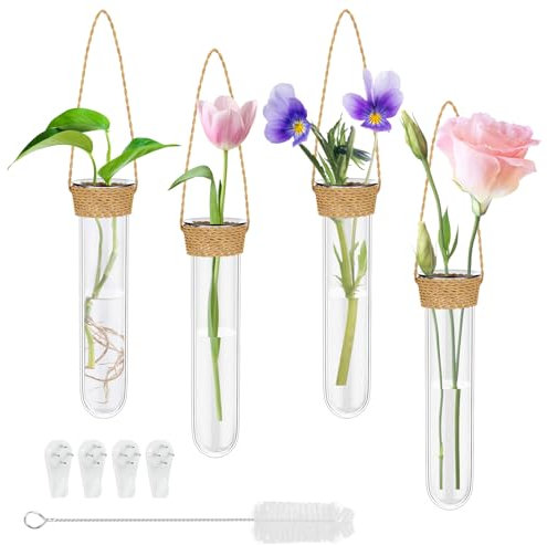 Deko Reagenzglas Vase, Kreativer Glas Hängevase, 4 Stück Reagenzgläser für Blumen, Kleine Wandvase Fensterdeko, Hängend Wandvasen mit Haken und Reinigungsbürste, Hängevase für Hydrokultur Pflanzen