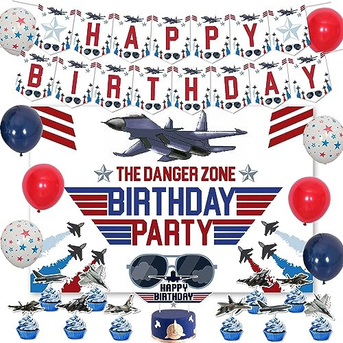 Fighter Jet Birthday Decorations, Airplane Theme Happy Birthday Backdrop Banner Cake Cupcake Toppers Pentagram Balloons Air Force Pilot Party Supplies for Kids Boys Birthday