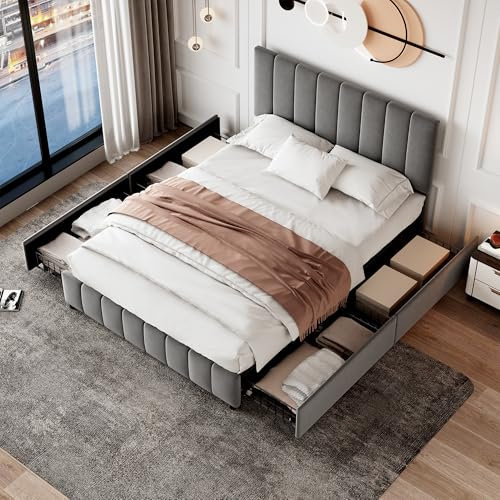 4ft6 Double Bed Frame with 4 Storage Drawers, Upholstered Platform Bed with Adjustable Channel Tufted Headboard, Velvet, Sturdy Metal-Wood Support, No Box Spring Needed, Easy Assembly, Grey Double Bed