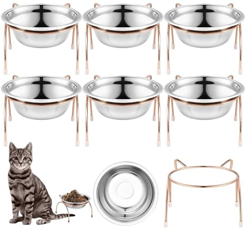 6 Pack Stainless Steel Raised Cat Bowls, Elevated Cat Food Bowls Bulk | Shallow Pet Feeding Dish Set with Anti-Slip Metal Stand for Kittens, Puppies and Small Dogs (340ml)