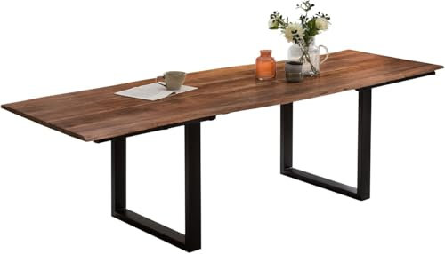 SAM Baumkantentisch 120 (200) x 90 cm Adina, Akazienholz nussbaumfarben & massiv, Esszimmertisch mit 2 Ansteckplatten, Schwarzes U-Metallgestell