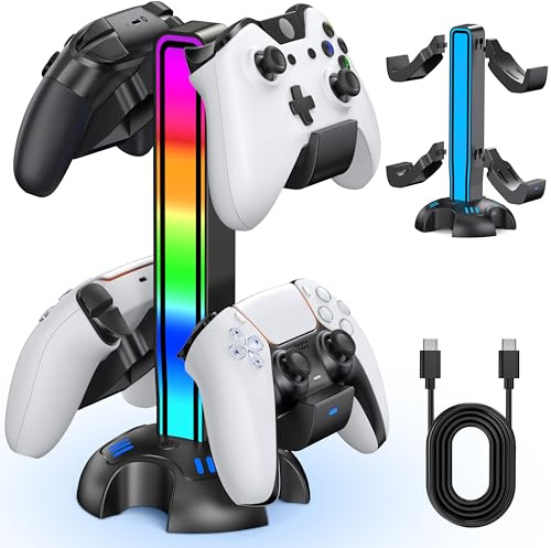 P5 Controller Ladestations Halter mit 9 Beleuchtungsmodi, PS5 Zubehör Controller Halterung USB und Typ-C Anschlüsse Aufbewahrung 4 Controllern, 3 stündige Ladeständer für PlayStation 5 Controller