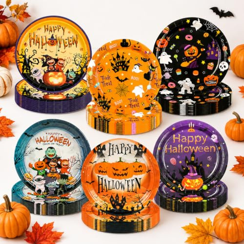 60 Stück Happy Halloween Papptellerr, 18cm Party Teller 6 Designs Kürbis Monster Fledermaus Schädel und Geist Kuchen Dessert Teller für Halloween Party Abendessen Geschirr Dekoration Supplies