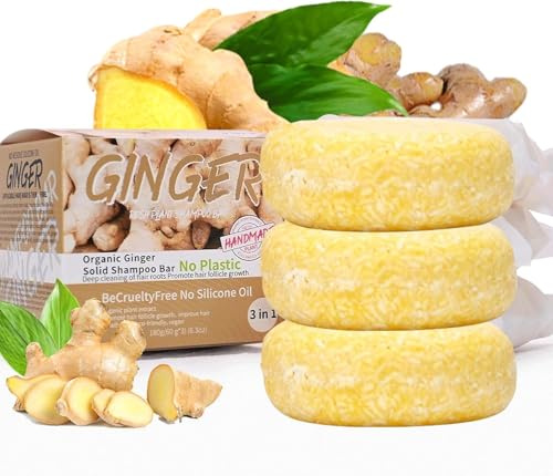 3PCS Ginger Hair Regrowth Shampoo Bar – Organic Ginger Shampoo Bar for Hair Loss, Anti-Dandruff & Anti-Itch Solid Shampoo, Vegan Plastic-Free Hair Care (3 x 60g)