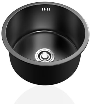 Mini Evier de Cuisine Noir,Petit Evier Inox Rond,éVier Cuisine 1 Bac,Lavabo Cuisin pour Caravane,Bar,FaçOns D'Installer Sur Le Plan et Sous Plan (Ø 32cm)