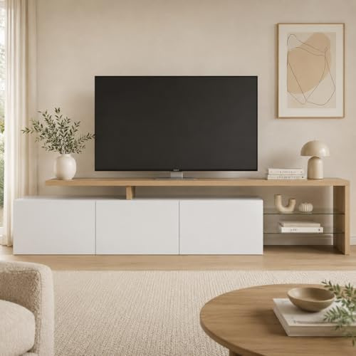 JiaOyu Mueble de TV con luces LED para TV de hasta 85 pulgadas, moderno y brillante, con espacio de almacenamiento y estantes de cristal abiertos para sala de estar, dormitorio (color blanco y madera)