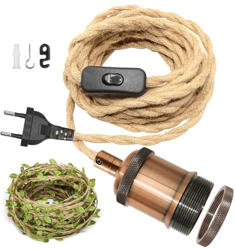 ZRLXFM Lampenfassung E27 mit Hanfseil Kabel, Lampenkabel mit Schalter und Stecker, Geeignet für Vintage Pendantlampenschirme Mit einer 5M langen grünen Blattdekoration(Burgunderrot)