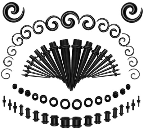 JYNXOR 68 pcs Ohr Stretching Kit, Piercing Schmuck, Spiralkegel Piercing Schmuckset, Ohr Expander Plug mit Silikon Ohr Stretching Kit Schwarz Ohrloch Stecher Set für Körperpiercings Männer und Frauen