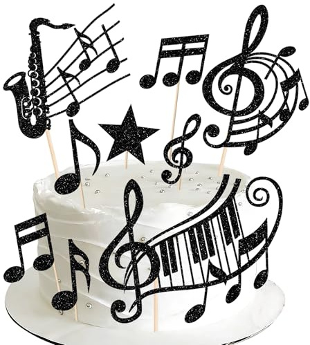 Xsstarmi 7 Pack Music Cake Topper Black Glitter Saxophone Guitar Piano Music Note Cake Pick for Artist Musician Birthday Anniversary Party Cake Decorations Supplies