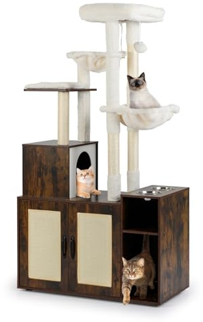 COSTWAY Arbre a Chat avec Litiere Intégrée, Tapis et Poteaux à Griffer en Sisal, 2 Plateformes, 2 Paniers, Condo, Arbre à Chat XXL, 2 Gamelles, 3 Compartiments Ouverts, Pompon (161 cm,Industriel)