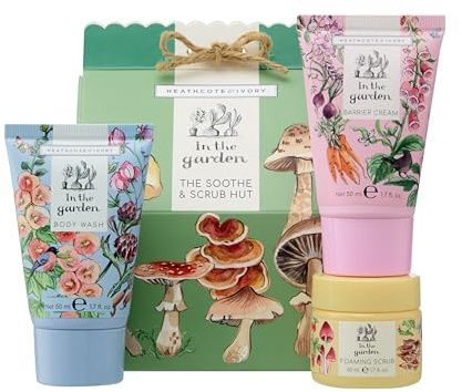 Heathcote & Ivory Body Wash, Sugar Scrub, Barrier Cream 3x 50ml, Soothe & Scrub Hut, Moisturiser, Shea Butter, Vitamin E, Fragranced, Travel Size, Vegan and Cruelty Friendly, Gift For Gardeners