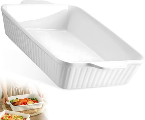 3.8L Fuente Horno Cerámica Blanco con Mango Anti-Calor, 38x23x7.3cm Bandeja de Porcelana Multifuncional Apto Lavavajillas, Freezer y Microondas para Gratinar Lasaña, Guisos y Postres