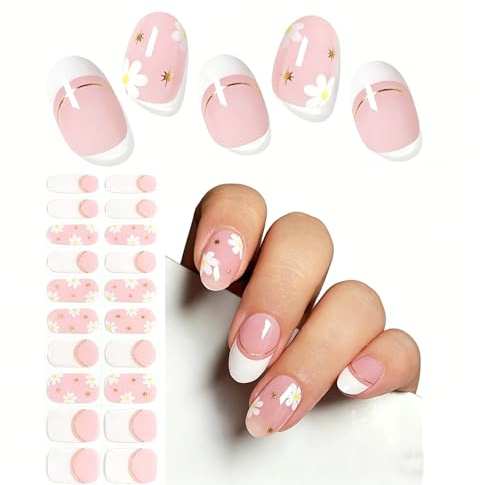 Semi Cured Gel Nail Strips, Pink Daisy Flower Gel Nail Wraps, White French Tip Glossy Nail Stickers for UV/LED Lamp, Easy Apply, Long Lasting, DIY Manicure