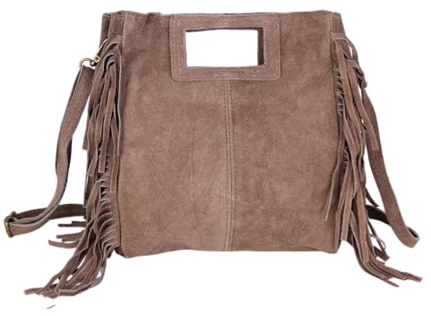 MIRROSI® Damen Umhängetasche aus Wildleder mit Fransen – Made in Italy, Boho Stil Schultertasche, 23 × 24 × 7 cm, hochwertige Ledertasche (Taupe)