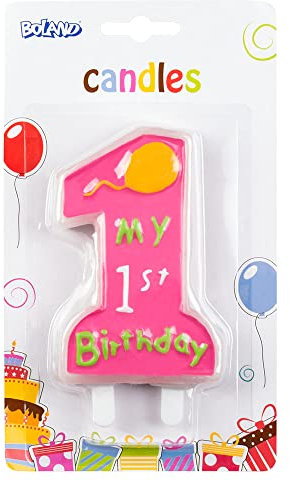 Boland 63410 - Geburtstagskerze My 1st Birthday, Zahl 1, mit Kerzenhalter, Stecker, Pink, 1. Geburtstag, Luftballon, Zahl 1, Kindergeburtstag, Minikerzen, Tortenkerze, Kuchen, Kindergarten