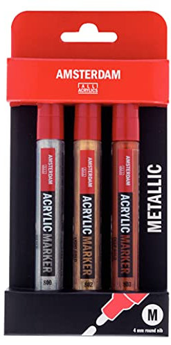 Amsterdam Acrylic Marker Set of 3 Metallic Colors | Multi-Purpose, Permanent Paint Markers with Medium Round Nib