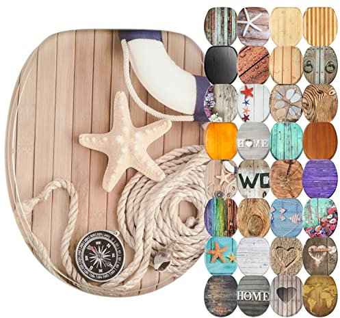 Sanilo Abattant WC avec frein de chute, Grande sélection de lunettes de toilette en bois, Finition de haute qualité (Maritime)