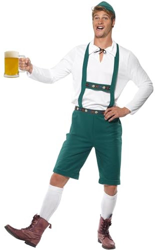 Smiffys Bier Fest Herrenkostüm, Grün, Kurze Lederhose mit Hosenträgern, Oberteil und Hut