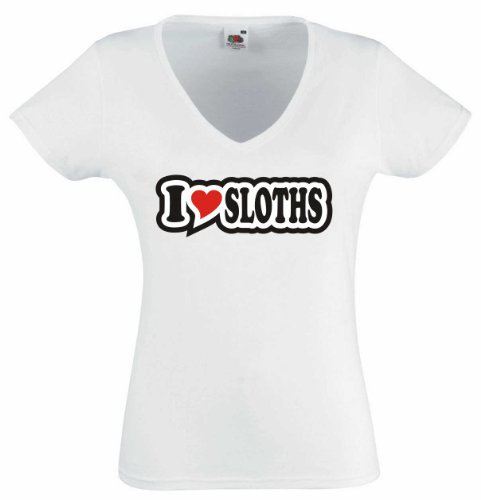 T-Shirt - Damen - weiß - XL - I Love Heart - V-Ausschnitt I Love Sloth - Bedruckt - lustig witzige Sprüche - Name - Fasching Party Fun Sport