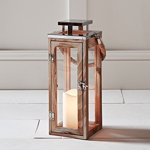 Lights4fun Farolillo de Madera de 34 cm con Vela LED Sin Llama a Pilas con Temporizador y Asa de Cuerda Decoración para Interiores