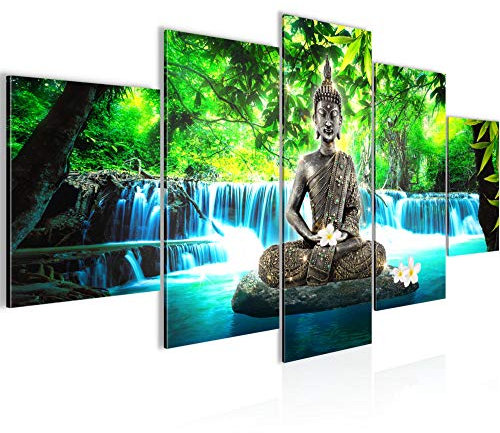 Runa Art Wandbilder Buddha Wasserfall 5 Teilig Bild auf Vlies Leinwand Deko Wohnzimmer Schlafzimmer Natur Blau Grün 503552b