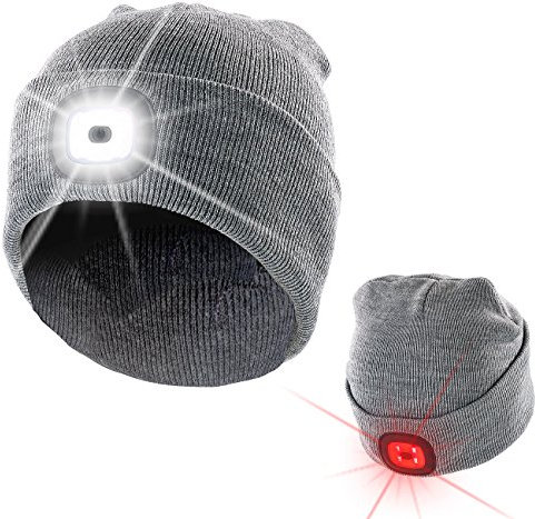 Lunartec Mütze mit Lampe: Graue Strickmütze mit weißen (vorne) & roten (hinten) LEDs (Leuchtmützen, Mütze Licht, wiederaufladbare Batterien)