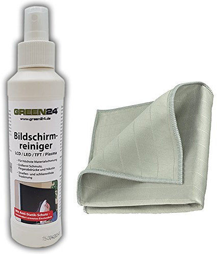 GREEN24 Bildschirmreiniger Set mit Mikrofasertuch - Reinigung und Pflege von LCD-, Plasma- und TFT-Bildschirmen. Professionelles Spezialprodukt zur Reinigung empfindlicher Flachbildschirmen.