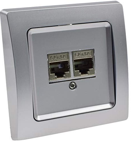 DELPHI Cat6a Netzwerk-Dose 2x RJ45 Unterputz Lan-Dose inkl. Rahmen Unterputz-Dose Grau Silber