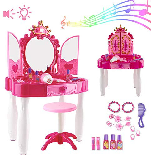 deAO Frisierkommode für Mädchen -Spielset mit Glamourspiegel; Make-up-Zubehör; Hocker; Licht & Musik Funktionen Tolles Geschenk NEU