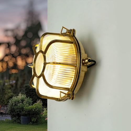 Licht-Erlebnisse Außenwandleuchte Echt-Messing Glas in Messing IP64 Eingang Haus Ø22 cm E27 Rustikal Schiffsleuchte Maritime Wandlampe Außen SIFNOS