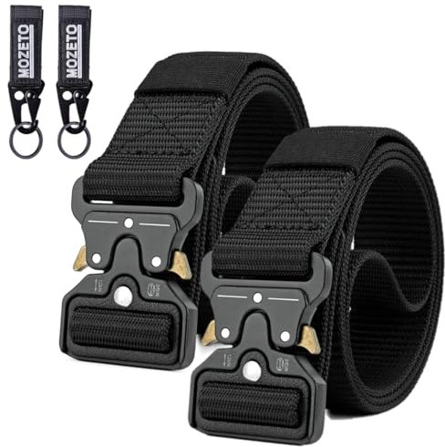 MOZETO Taktischer Gürtel, Unisex Militär Gürtel mit Schnellspanner Metallschnalle, Nylon Gürtel für Outdoor, Arbeit, Militär, Freizeit, Jagen - Gift Packaging,N. Schwarz+schwarz, 2er pack,L-140cm