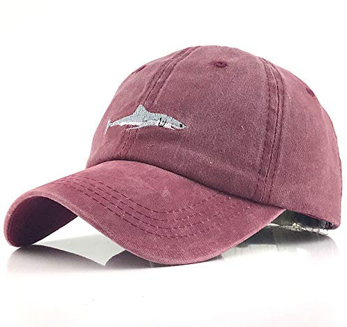 Yekeyi Unisex Baseballkappe, Hai-Stickerei, gewaschene Baumwolle, Denim, verstellbar - Rot - Einheitsgröße