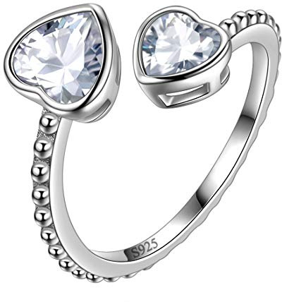 Aurora Tears April Birthstone Liebesherz Verstellbare Ringe 925 Sterling Silber Birthstone Doppelherz Offener Ring Geburtsstein Schmuck für Frauen und Männer DR0109W