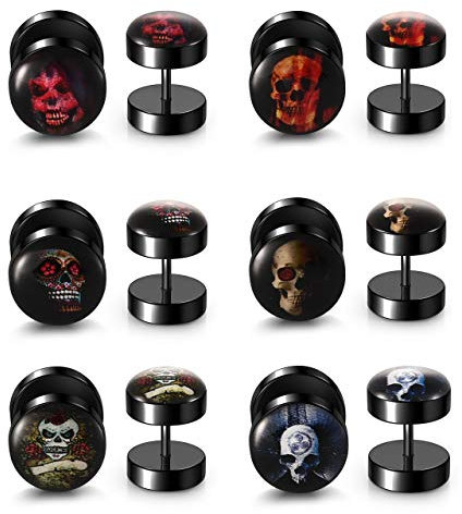 PiercingJak Lot de 6 paires de boucles d'oreilles à tige en forme de tête de mort gothique en acier inoxydable 18 g 00 g, Acier inoxydable