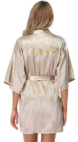 Vlazom Morgenmantel für Hochzeit Satin Kimono Badmantel für Braut&Brautjungfern V-Ausschnitt Damen Robe mit Gürtel(XXL,Silberner Champagner für Brautjungfer)
