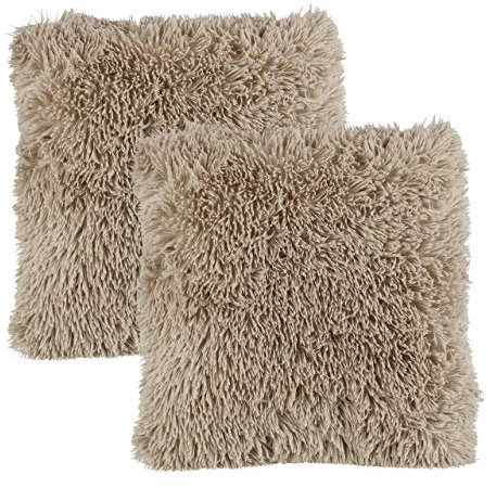 Relaxdays Flauschige Kissen, 2er Set, 40x40 cm, mit Füllung, kuschelweich, Fluffy Zottel Bezug, Deko Zierkissen, braun