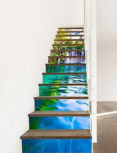 A.Monamour Treppenaufkleber Folie Selbstklebend 3D Wasserfall Blau See Wasser Berg Wald Landschaft Vinyl Wasserdicht Treppe Aufkleber Fliesenaufkleber Abziehbilder Wandaufkleber 13 Stück Set