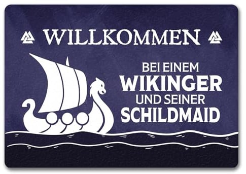 speecheese Willkommen bei einem Wikinger und Seiner Schildmaid Fußmatte in 35x50 cm ohne Rand mit Segelboot Motiv Als Geschenk zur Hochzeit für Paare Nordmänner Vikings