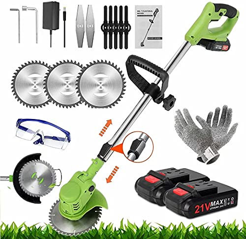 Coupe Bordure sans Fil avec Batterie, Débroussailleuse Electrique avec 3 Types de Lames/Chargeur, Tête Pivotante 90°, Tube Télescopique et Poignées, pour Maison, Fermes