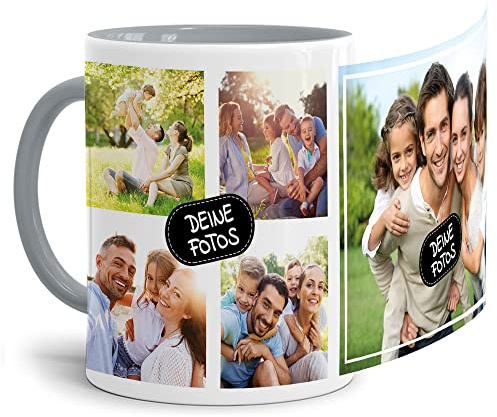 Foto-Tasse zum selbst gestalten mit Foto-Collage für 5 Wunschfotos - Geschenk für Familie, Freunde, Geburtstag, Weihnachten - Keramik Innen & Henkel Grau, 300 ml I Personalisiert