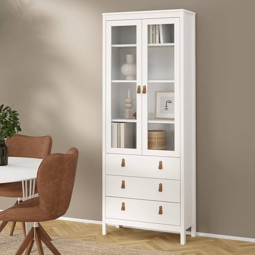 Dmora - Vitrine Laurette, Glas-Sideboard, Mehrzweckvitrine, Hängendes Bücherregal mit Glastüren, 78x33 h199 cm, Weiß