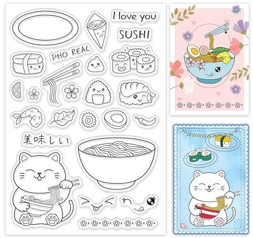 GLOBLELAND 1 Blatt Glückskatzen und japanisches Futter, transparenter Stempel Ramen und Sushi, transparenter Silikonstempel, Scrapbooking und Stanzformen-Sets für Karten, DIY-Handwerk
