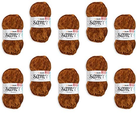 myboshi Samt Wolle zum Häkeln und Stricken, weiche Chenille Wolle im XXL-Knäuel, perfekt für Amigurumi und Kissen, 100% flauschige Polyester, 100g, Ll 100m Braun (Biber), 10 Knäuel