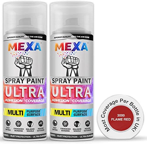 mexa Spray Paint | Flame Red | Perfect for Radiator, Plastic, Fabric, Metal, Bike, Marking | 2 x 400ml | RAL 3000 | Double Pack