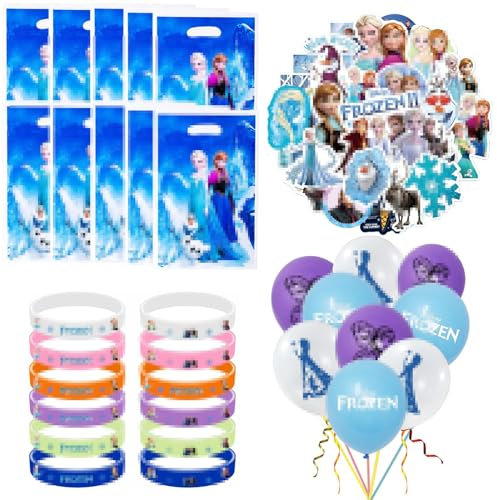 Cadeau de fête Anniversaire Frosen,84PCS Cadeau de fête Frosen avec Sac Cadeau de Fête Frosen,Reine des Neiges Ballon Decoration Anniversaire Fille Deco,Bracelet Frosen,Frosen Sticker pour Thème Party