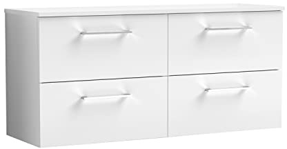 nuie ARN124W2 Arno Modern Bathroom Wall Hung 4 Drawer Double Vanity Unit with Colour Worktop, 1200mm, Gloss White