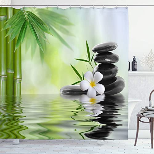 OCEUMACO Rideau de Douche 3D Motif Chic Zen Galet Anti Moisissure Rideaux Baignoire Imprimé Orchidee Bambou Long Polyester Tissu Imperméable 120 x 200 cm Lavable Machine avec Anneaux - Vert 1
